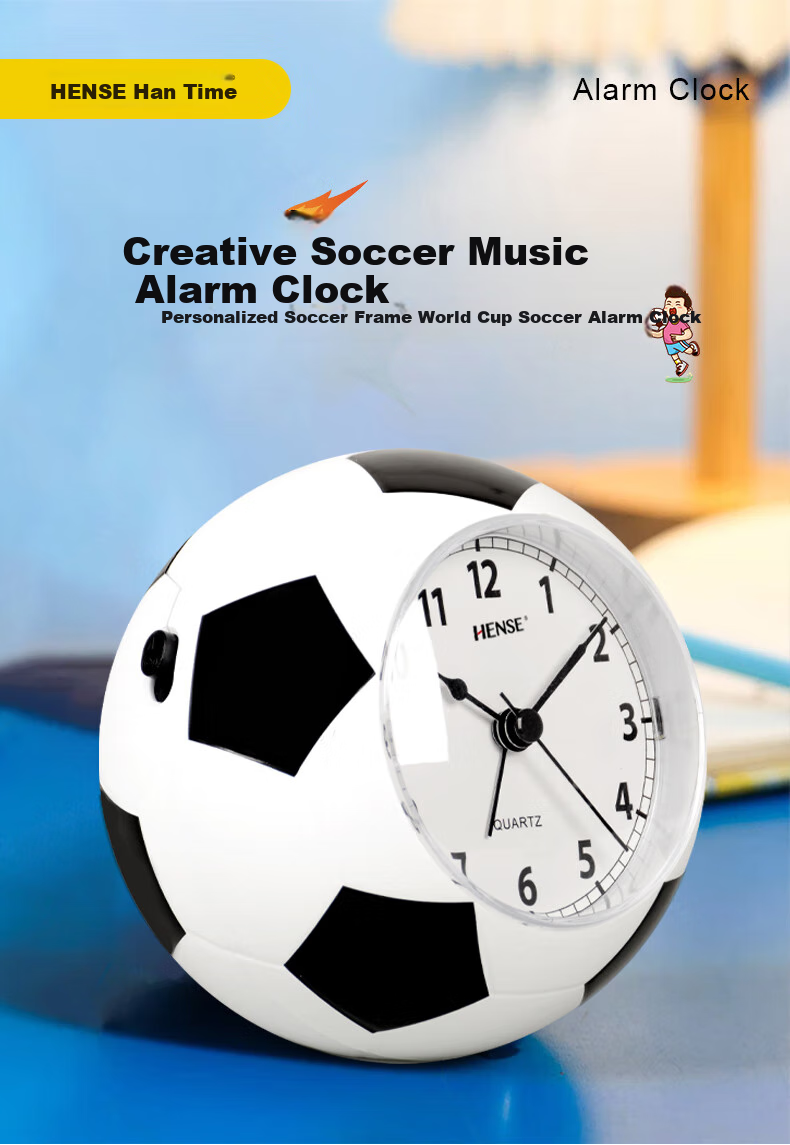 Hense Creative Soccer Alarm Clock, Children's Alarm Watch, Boys' Student-Specific Wake-Up Device, Desktop Clock HA09, Black And White Color 1