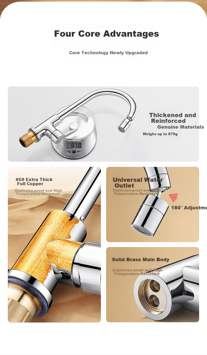 IVORPO [Germany] All-Copper Kitchen Faucet, Hot And Cold Two-In High-Throw Body, Swivel Vegetable Washing Basin Faucet, CPLT 3