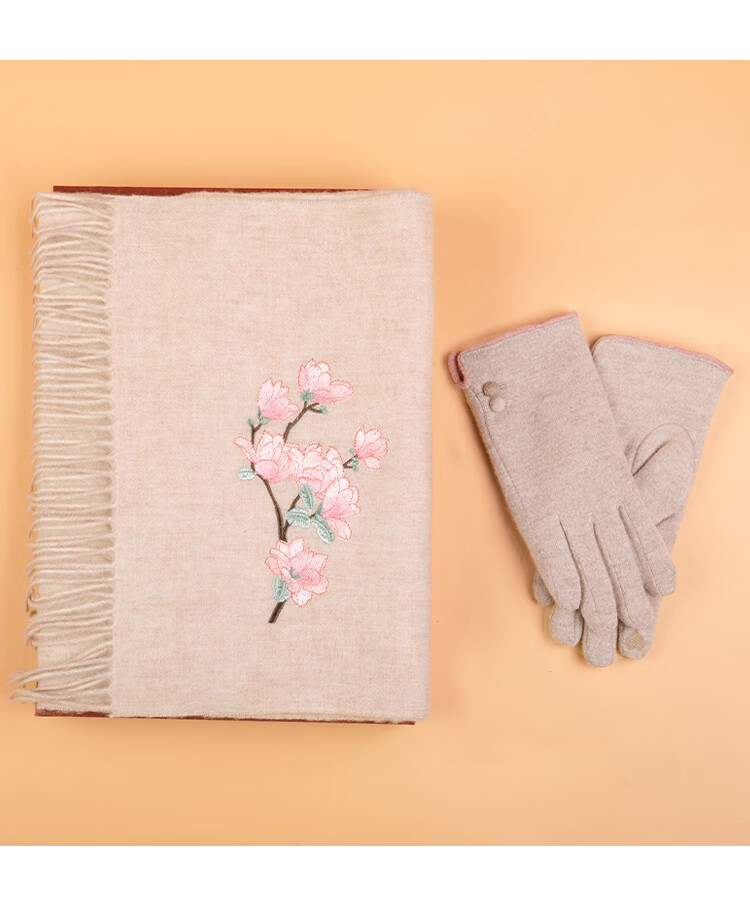 Shanghai Story 100% Wool Embroidered Scarf and Gloves Gift Box Warm Set Autumn Winter Women's Birthday Gift Magnolia 13