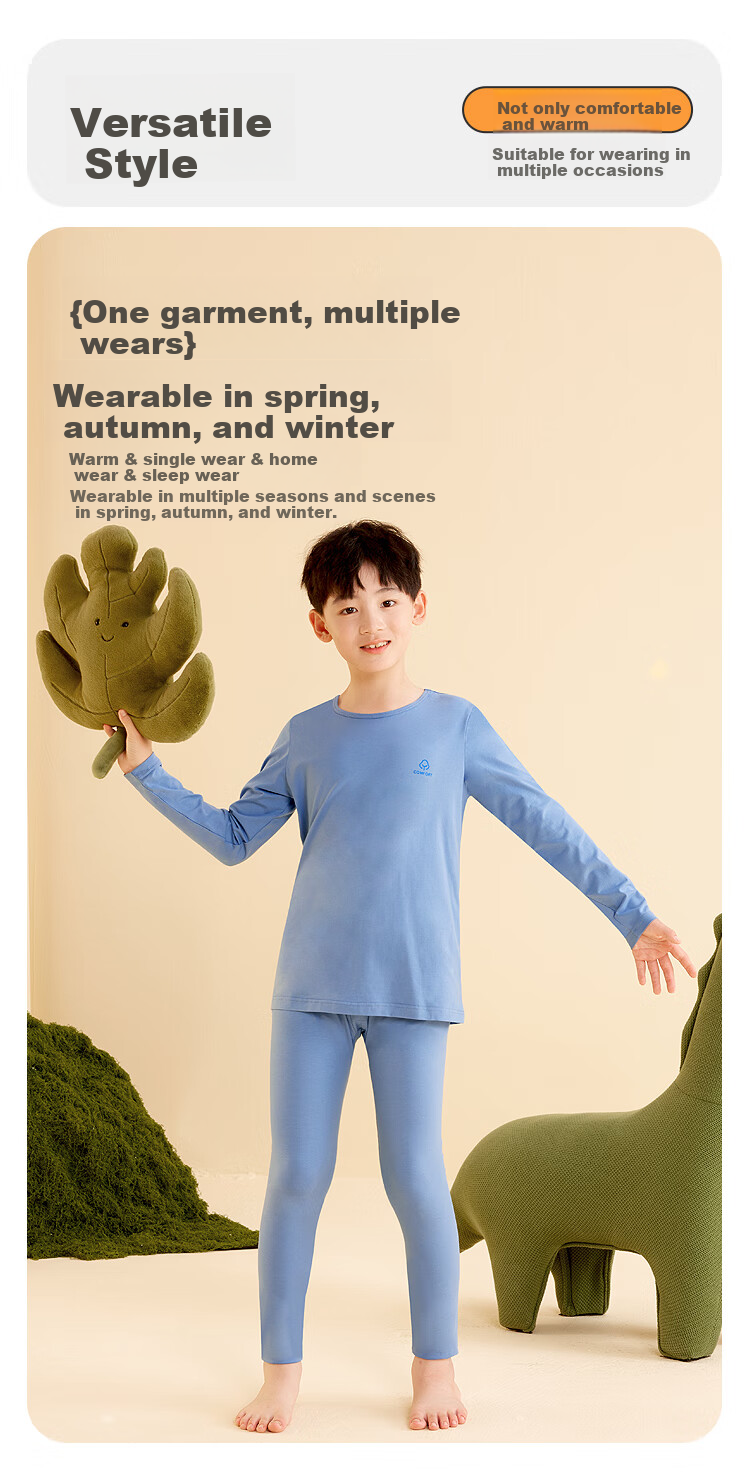 Hodohome Children's Autumn Underwear Set, Boys' 3A Antibacterial And Anti-Mite Cotton-Spandex Thin Thermal Underwear, Class A Round Neck Pajamas, 129 160 8
