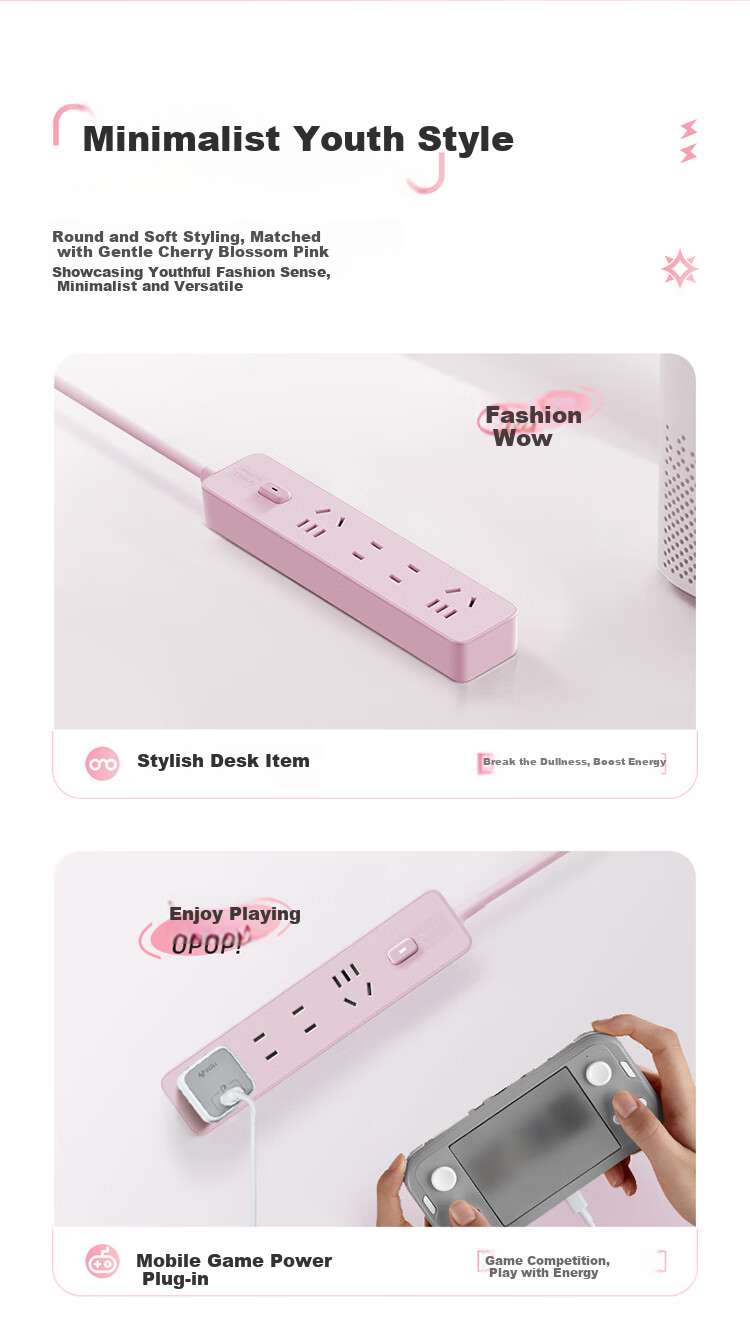BULL Power Strip/Extension Cord/Surge Protector, 4 Outlets with Master Switch, 1.8m Long Cord, Gen Z Style GN-Z1221 Cherry Blossom Pink 1