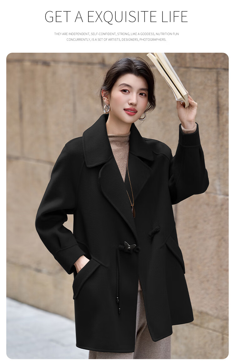 Bailu Elegant 100% Wool Coat 2025 Winter New Suit Collar Simple Mid-Length Double-Faced Woolen Women Black S 19
