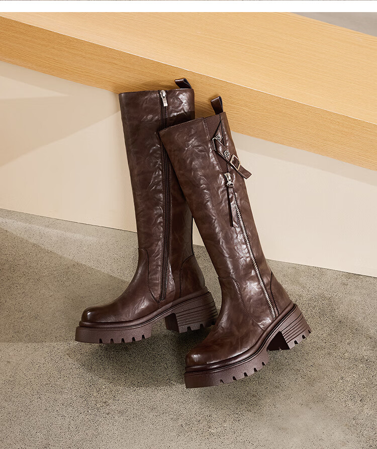 St&Sat Fleece-Lined Tall Boots Women 2025 New Winter Thick Sole Height Increasing Retro High Tube Denim Boots British Knight Long Boots 11