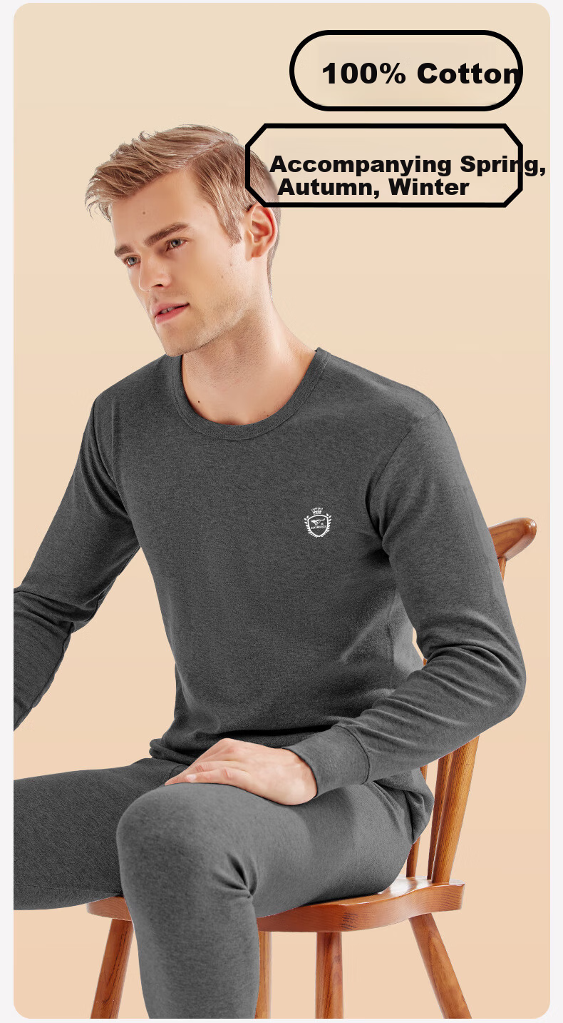SEPTWOLVES [Antibacterial] Thermal Underwear for Men, Autumn And Winter Pure Cotton Undershirt And Pants Set, All-Cotton Base Layer Top And Bottom 2