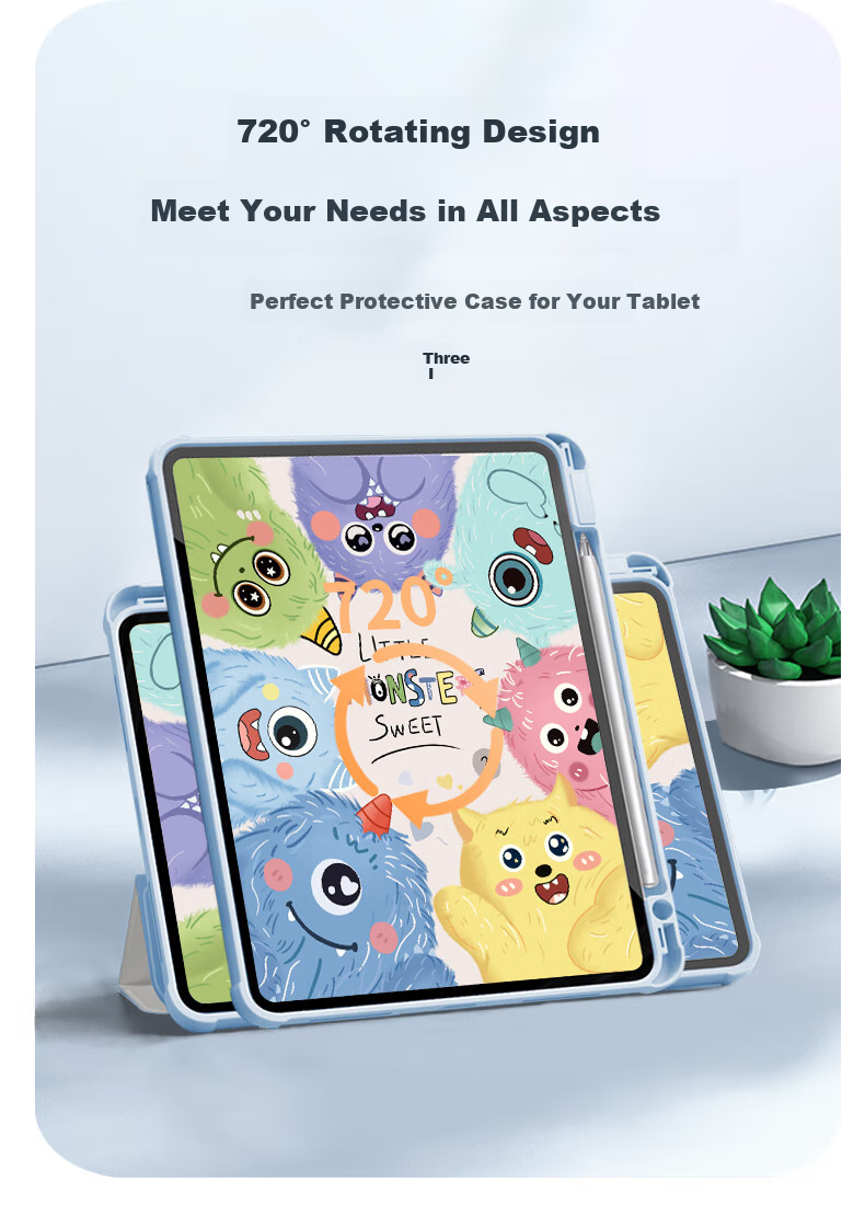 Asiwa IPad 9th Generation (2021) Case for 10.2-Inch Pad 9/8/7 with Pencil Holder, 360-Degree Rotating, Cartoon Painted Anti-Drop Anti-Bend Tri-Fold Desig 1