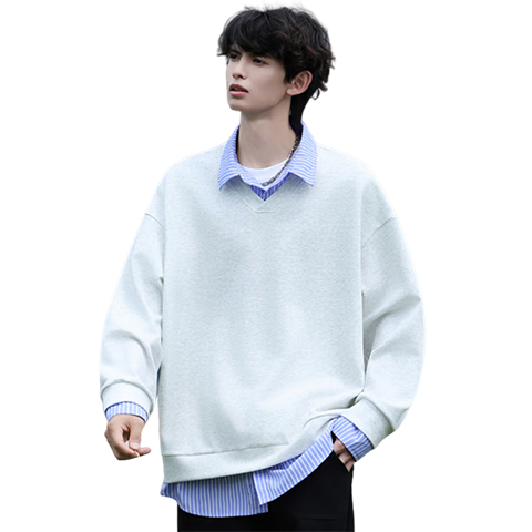Homlean Casual Two-Piece Shirt Collar Color-Block Sweatshirt Men Autumn Winter Striped Loose Japanese Style HK05 Light Gray 2XL