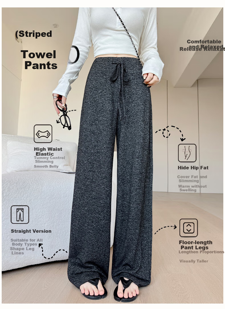 FitonTon Women's Horizontal Striped Knit Towel Pants, New Spring And Summer Style, Slimming Straight-Leg Sweatpants, Casual Lazy-Style Trousers 3