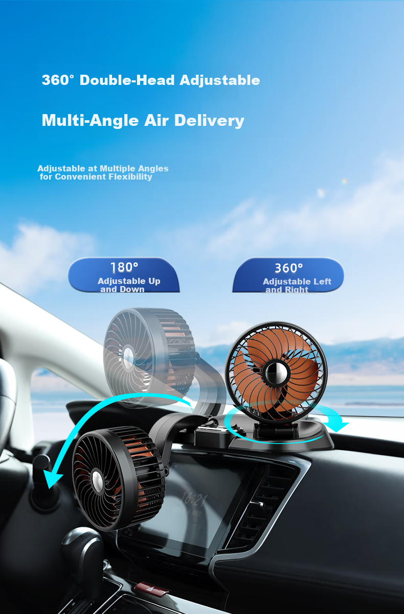 Huashi Car Fan, 24V for Large Trucks, Specialized Automotive Electric Fan, 12V Fan with Strong Airflow, Dual-Head Design, USB Interface 5