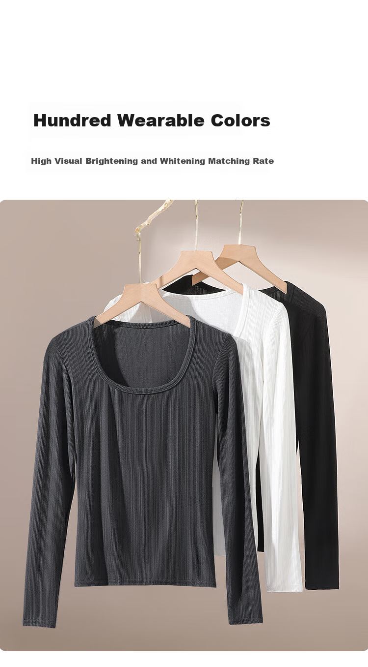 Moonbadi Women's Summer Thin Underwear, Retro Large U-Neck Slim-Fit Base Layer, Suitable for Inner Wear Or Outer Wear, Long Sleeve 6