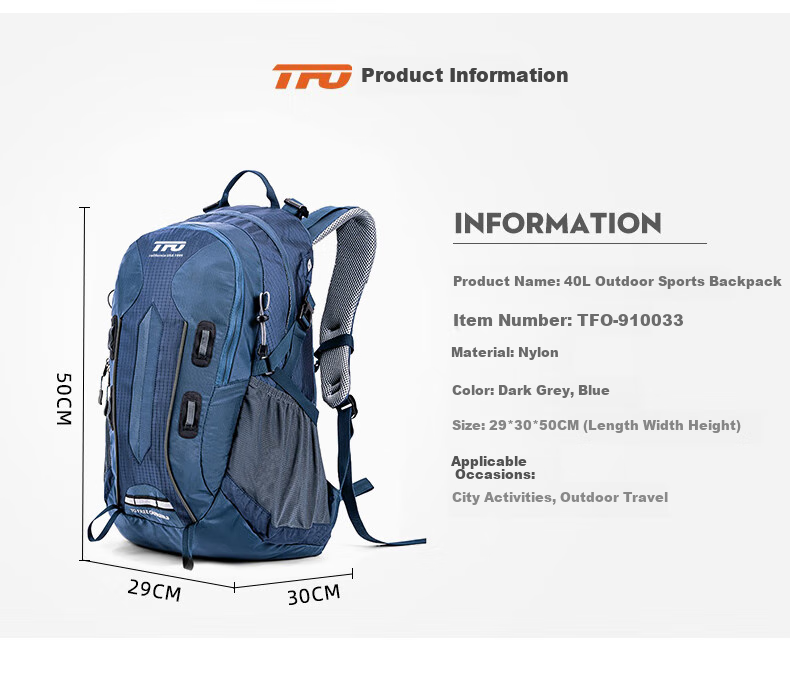 TFO Four Sisters Mountain Series Outdoor Backpack, Hiking And Mountaineering Bag D910033, Blue, 40L 4