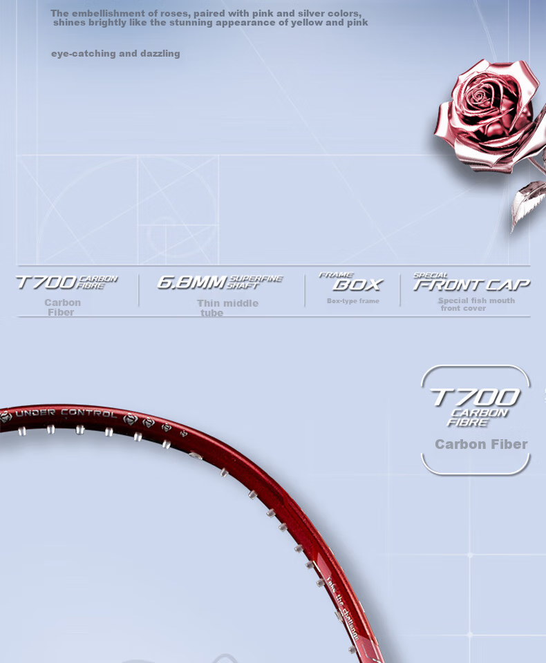 KUMPOO Badminton Racket, Full Carbon Fiber, 6U Ultra-Light, Smoky Wind Training, Offensive Single Racket, Steel Rose-Silver (Pre-Strung) 2
