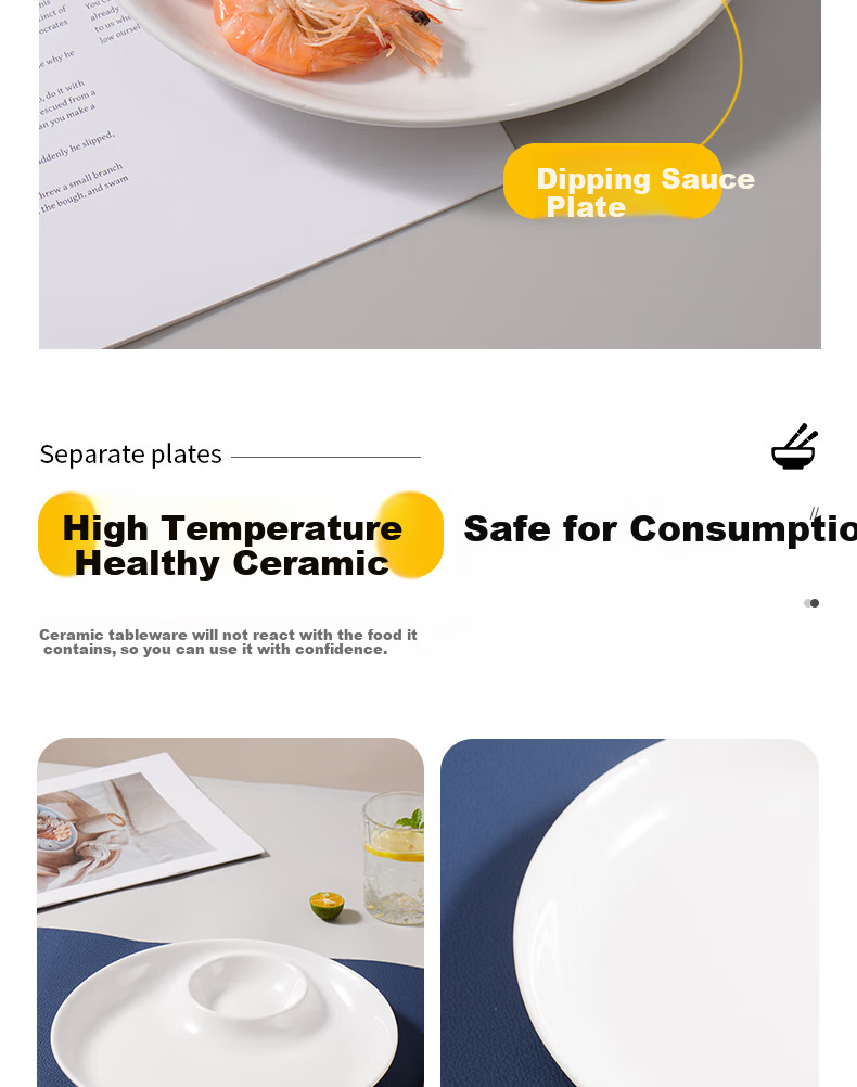 Baijie Ceramic Dumpling Plate with Vinegar Dish, Household Dipping Plate, Divided Plate, Snack Plate, French Fries And Shrimp Plate, Single Piece Double Plate 5