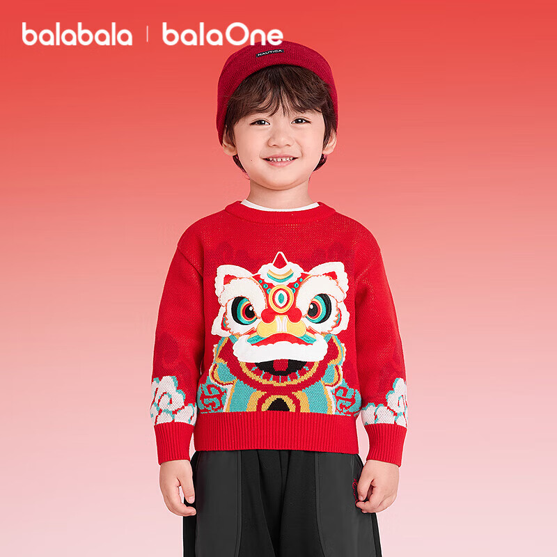 Balabala Kids Red Sweater Boys Girls Toddler Baby 2025 Autumn Winter New Year Cute Knitwear