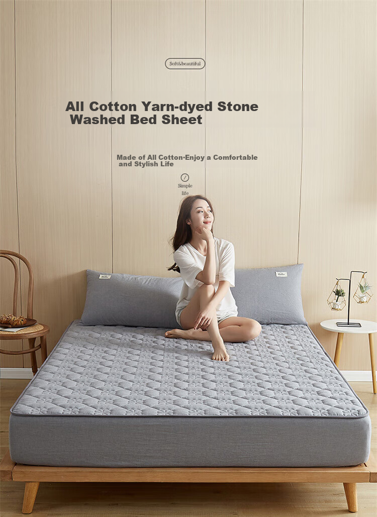 Wuyinliangpin Class A Pure Cotton Quilted Fitted Sheet, Single Piece Cotton Mattress Protector Cover, All-Inclusive Dustproof Cover, 150x200cm 1