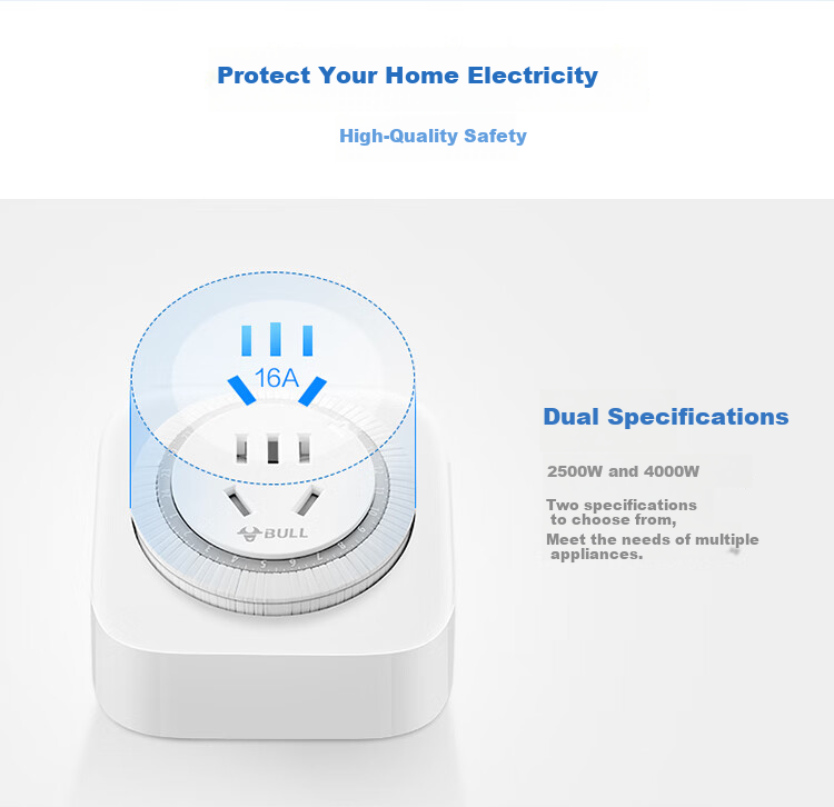 BULL 16A High-Power Mechanical Timer Socket/converter, 16A High Power 4000W (Large Hole Adapter for High-Power Plugs), GND-2D 9