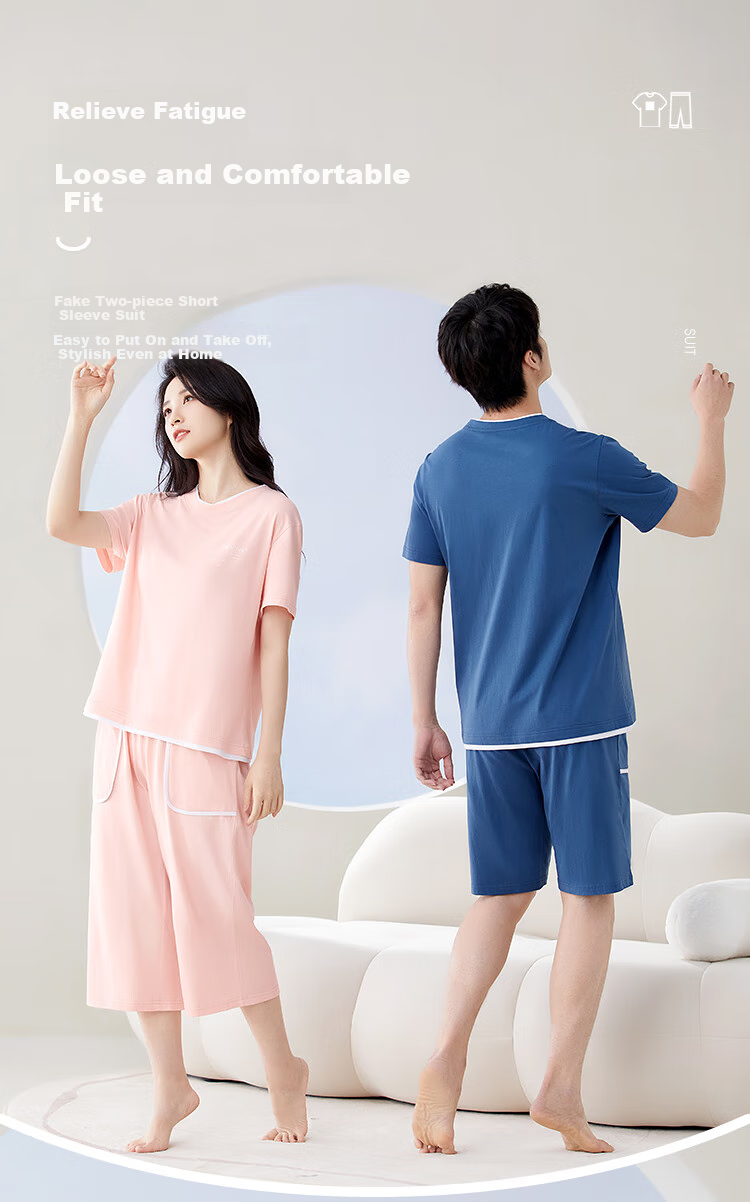 Hongdoujujia Pure Cotton Pajamas for Men, Summer Short-Sleeve Round Neck Antibacterial Loungewear, Nia Blue 170/92A 4