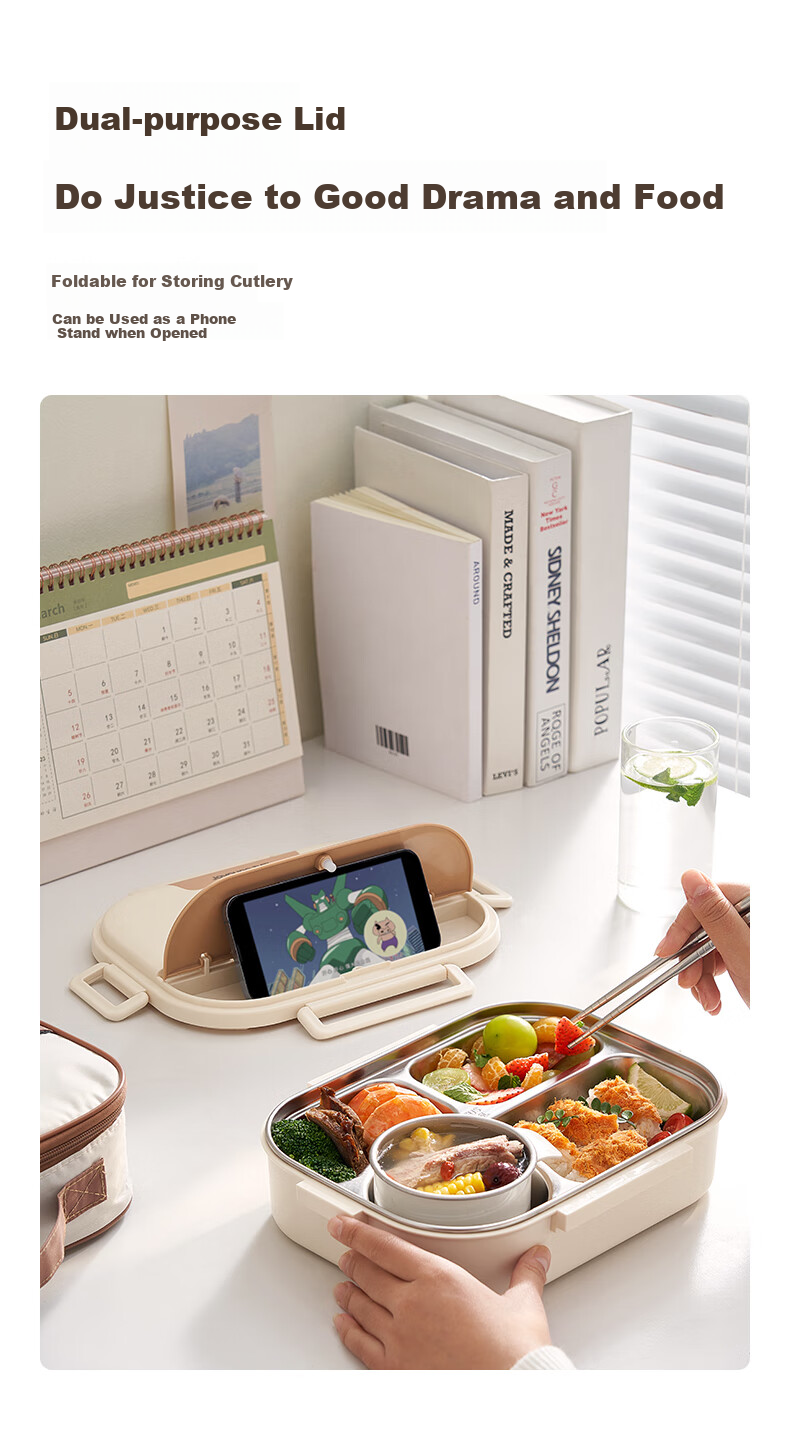Joyoung 316L Lunch Box for Students And Office Workers, Bento Box with Chopsticks And Spoon, Large Capacity Four-Compartment Meal Container, 1500ML, White 12