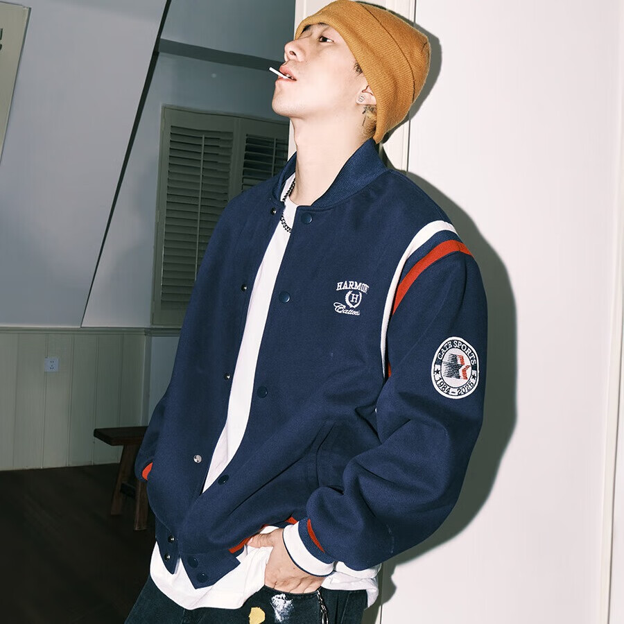 LEMANISM American Vintage Baseball Jacket Men 2025 Couple Style Trendy Cleanfit Navy Blue 2XL