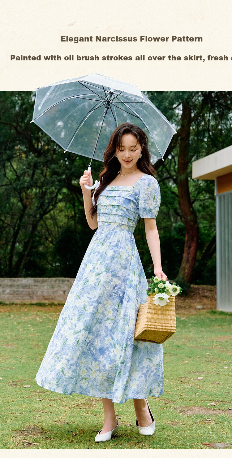 Inman Vacation Style Seaside Print Dress Summer Women's Square Neck Puff Sleeve Waist Cinched Long Dress Glaze Blue M 2