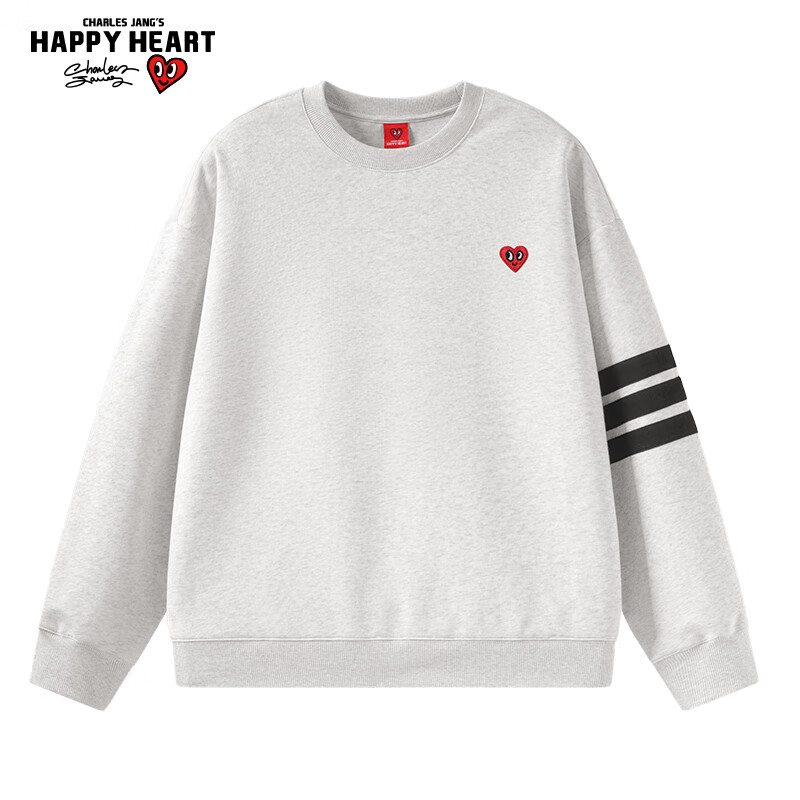 Charles Peach Heart American Style Three Stripes Crewneck Sweatshirt Loose Fit Spring Autumn Couple New Heart Embroidery Long Sleeve Light Heather Gray M