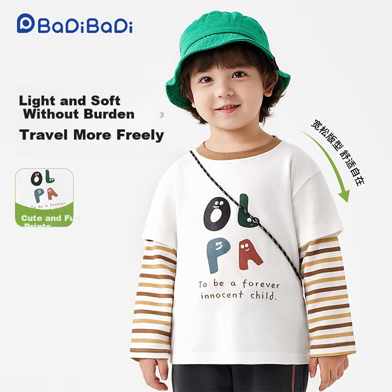 Badibadi Spring And Autumn Pure Cotton Long-Sleeve T-Shirt for Infants And Children, Faux Two-Piece Versatile Base Layer, White with Fun Letter Design, Size 100