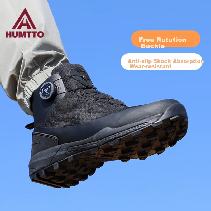 HUMTTO High-Top Hiking Boots for Men, Non-Slip Wear-Resistant Trekking Shoes with Rotating Buckle, Portable Lace-Up Casual Men's Shoes, Black, Size 39