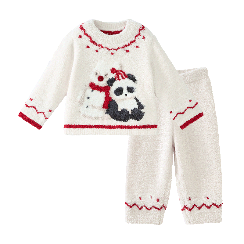 Babycare Children's Warm Homewear Parent-Child Autumn Winter Half Velvet Homewear Set Panda Off-White 100 Kids' Version