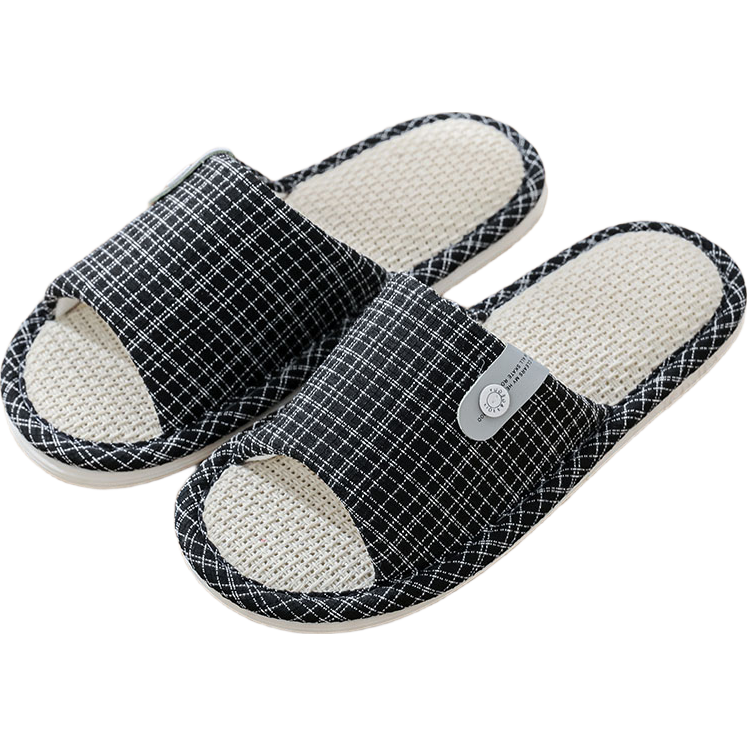 Huamei Jianbu Linen Slippers Non-Slip Couple Home Indoor Soft Sole Cotton Linen Floor Slippers HM6130 Black Size 40-41