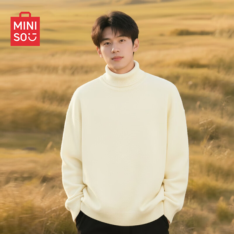 MINISO Men's Winter Turtleneck Sweater Soft Skin-Friendly Cashmere Blend Knitwear Off-White XL