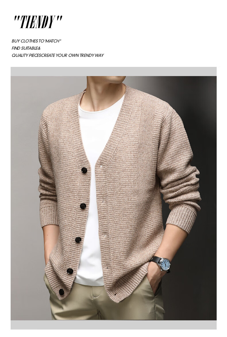 Hengyuanxiang Men's Wool Cardigan Thickened 100% Pure Wool Winter New V-Neck Warm Sweater Men's Versatile Knit Jacket 7