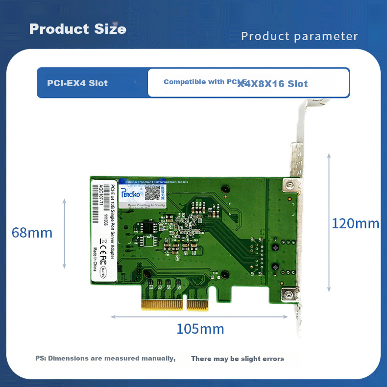 PERCKO 10 Gigabit Ethernet Card, PCI-E X4 Single Port Server Network Card, AQC107 Chip Network Adapter, Compatible with X540-X550 7