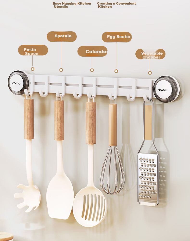 Ecoco Suction Cup Hooks No Drilling Required One Row Kitchen Hanging Rack for Utensils, Pots, Spatulas, And Spoons Storage Organizer E25080 White 14