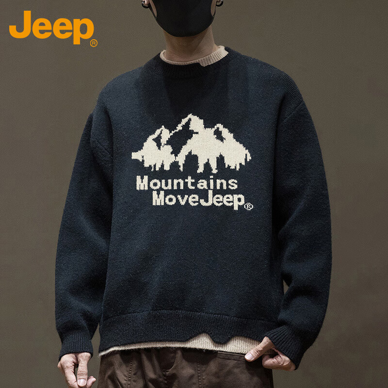 JEEP Men's Winter Sweater Loose Fit Crew Neck Premium Knitwear Black M