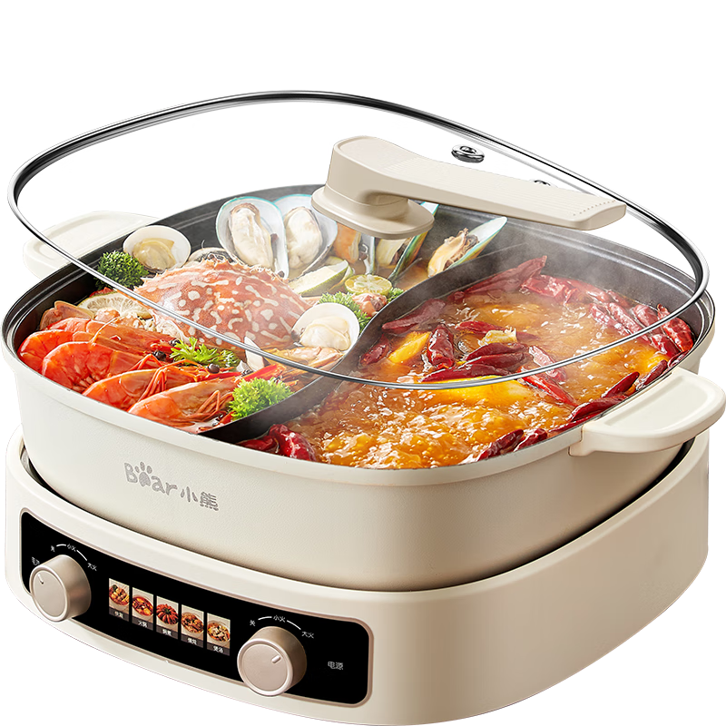 Bear Electric Hot Pot, Dual-Sided Hot Pot for Home Use, Specialized Multi-Functional Pot with Separate Compartments, Electric Cooking Pot for Shabu-Shabu, Hot Pot with 3-Minute Rapid Boiling And Temperature Control, D60J1 6.5L
