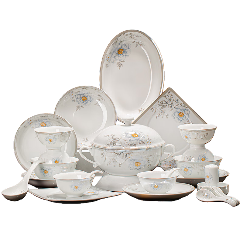 Mornenjoy Jingdezhen High-White Porcelain Bowl and Plate Dinnerware Set Premium Tableware Bowl and Dish Set Home Use Chopsticks Housewarming Gift