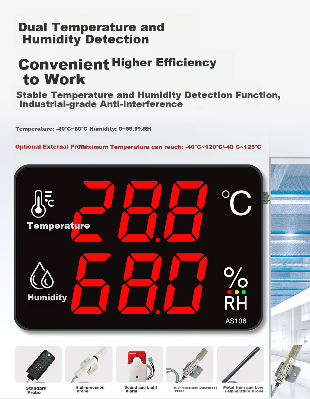 Xingzhilian Industrial-Grade Temperature And Humidity Meter with High-Precision Large Screen, Warehouse Workshop Factory Room Probe Alarm Display AS106A 7