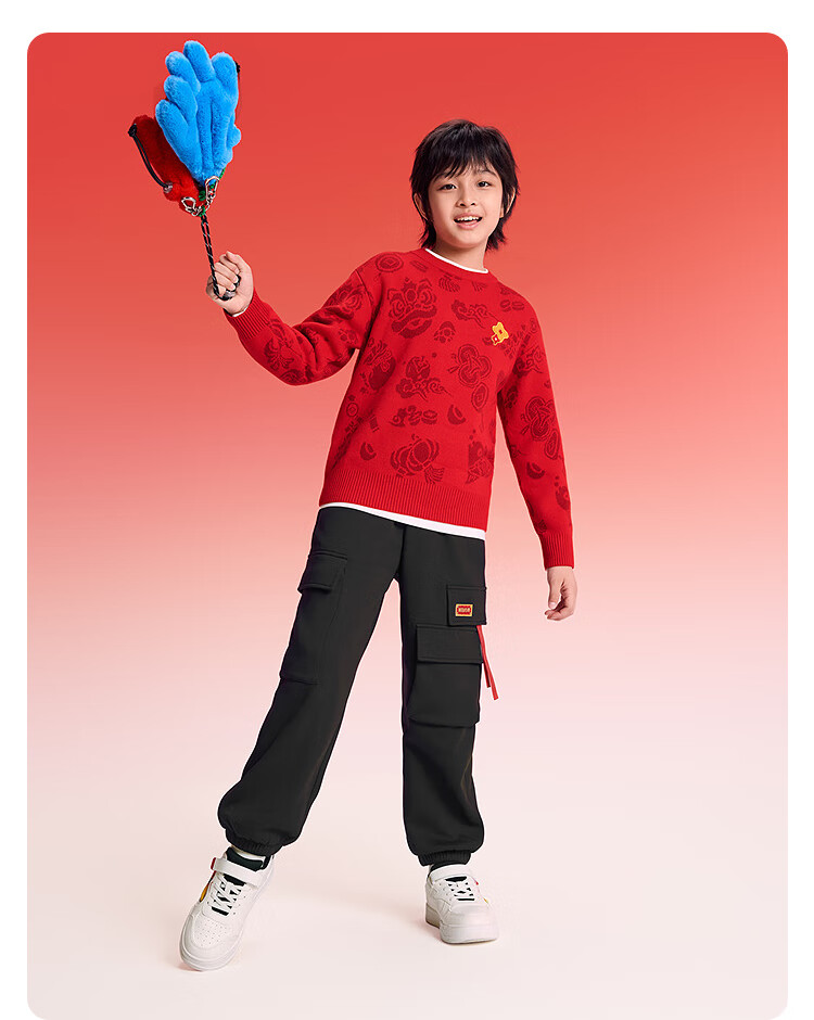 Balabala [balaOne] Children's Jacquard Trendy Sweater Red New Year Greeting Outfit Baby Style 2