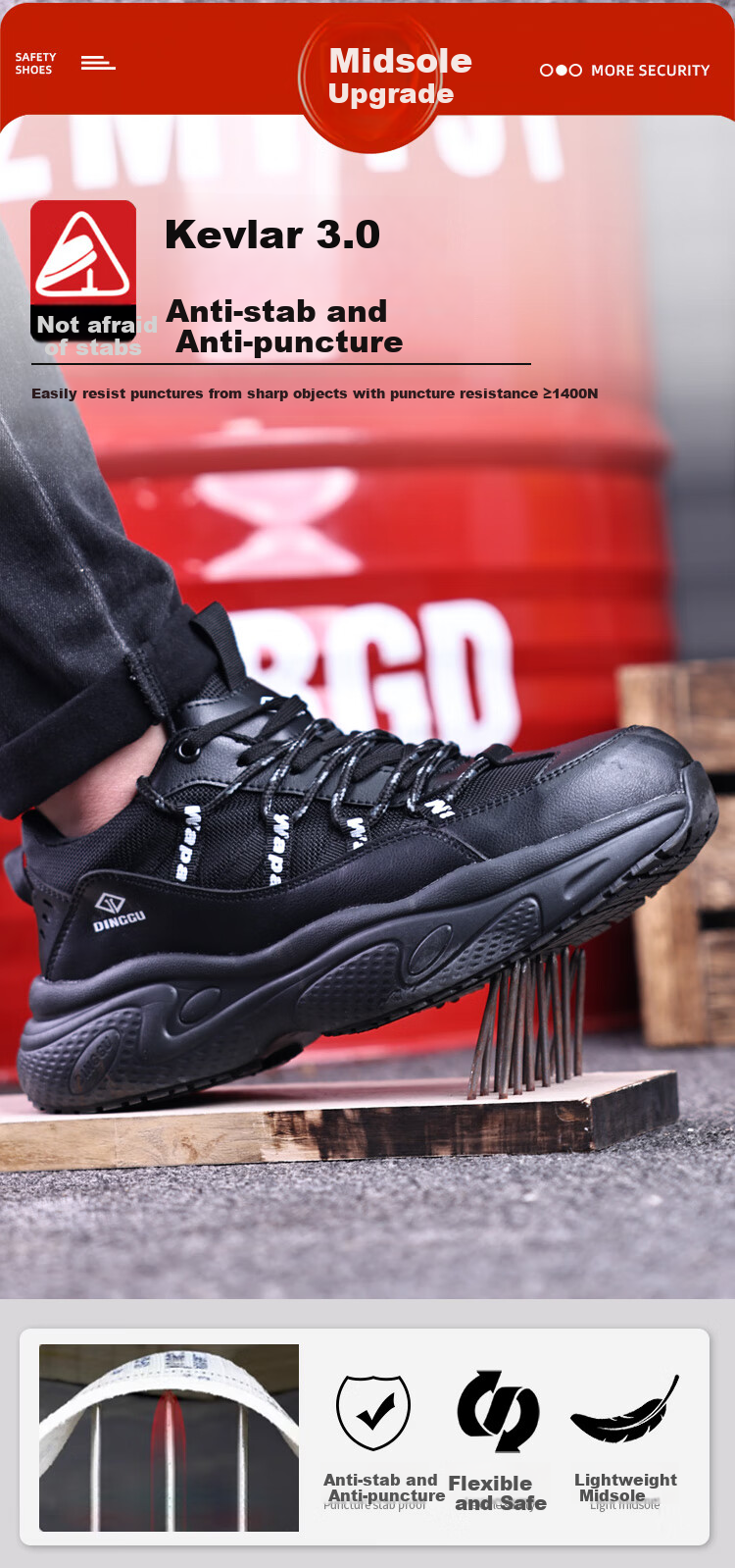 Dinggu Safety Shoes for Men, Steel Toe Work Boots with Anti-Smashing And Puncture-Resistant Features, All-Season Odor-Resistant Construction Site Footwear JD1630hei44 2