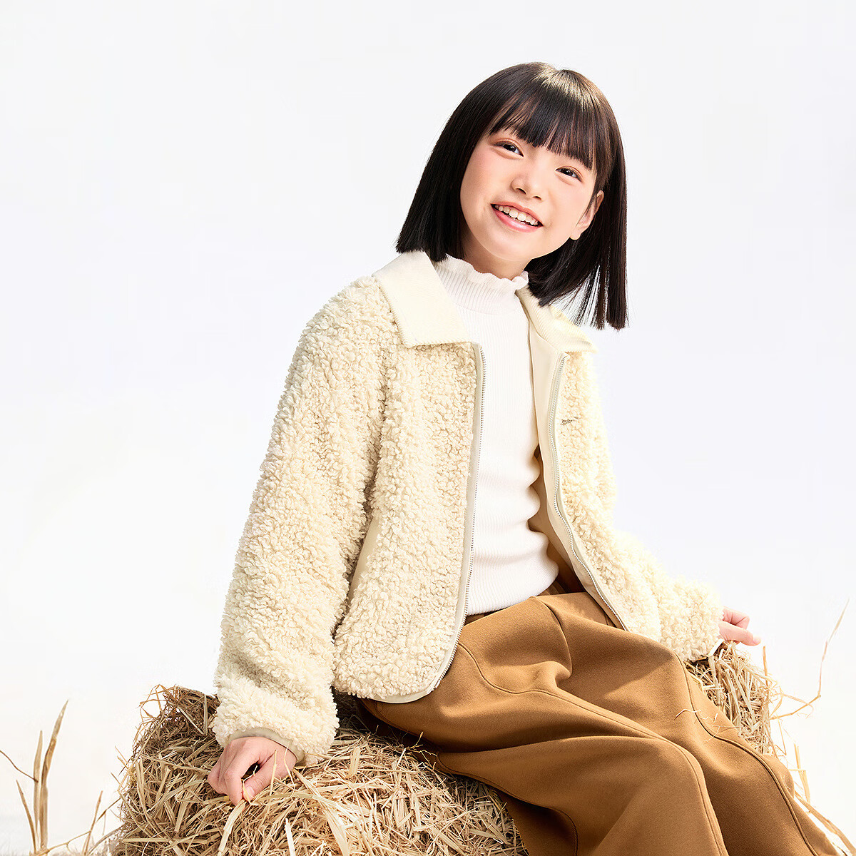 Annil Kids Girls Knit Fleece Short Jacket 2025 Autumn New Jimmy Apricot 120