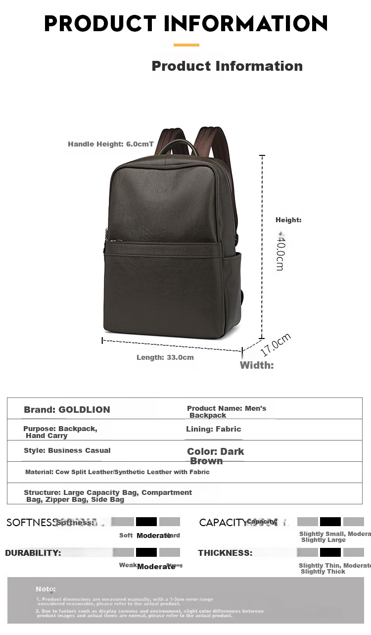 Goldlion Backpack for Men, Large Capacity Laptop Bag, Outdoor Schoolbag, Birthday Gift 6