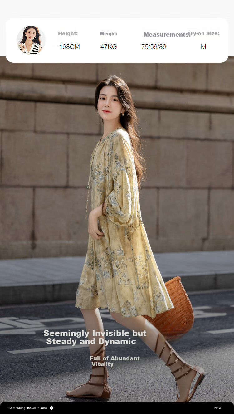 Dme [Chengye Manlv] Spring And Autumn Romantic Drawstring V-Neck Printed Lantern Sleeve Loose Waist Bag Buckle Women's Dress 4