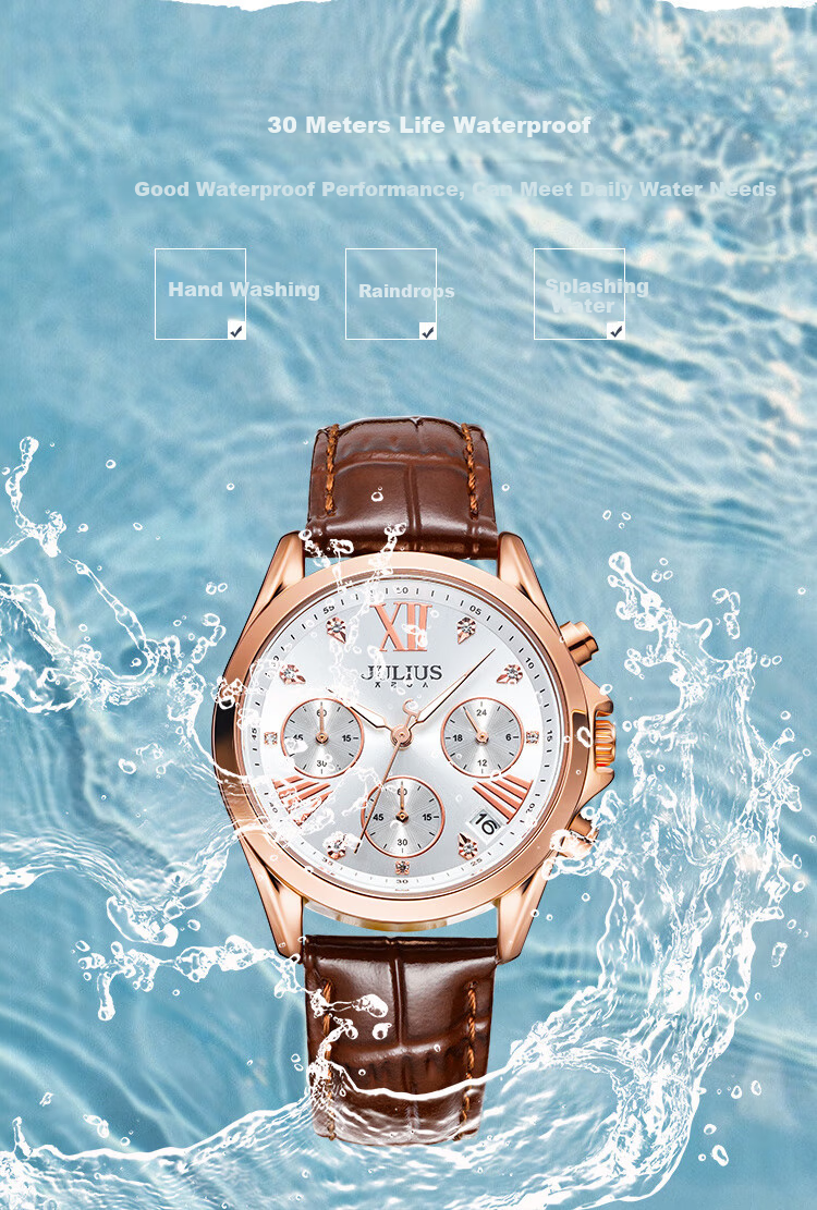 Julius Women's Watch with Calendar, Multifunctional Elegant Diamond-Studded Quartz Watch, Waterproof Ladies' Wristwatch, Brown JA-1482C 11