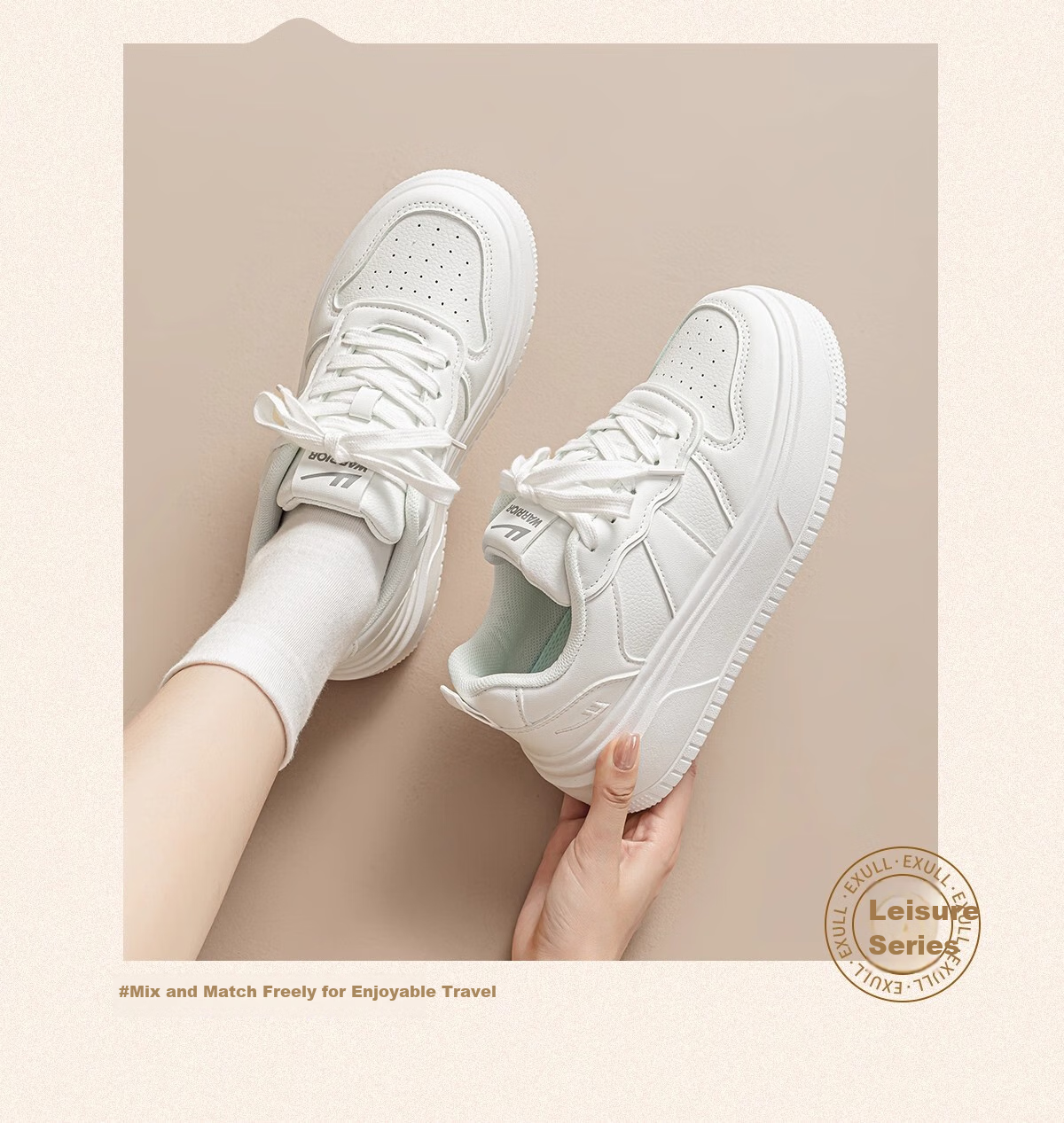 Warrior Women's Shoes, White Sneakers, Skateboard Shoes, New Spring 2026 Leather Dad Shoes, Thick-Soled Heightening Versatile Casual Sports Shoes 3