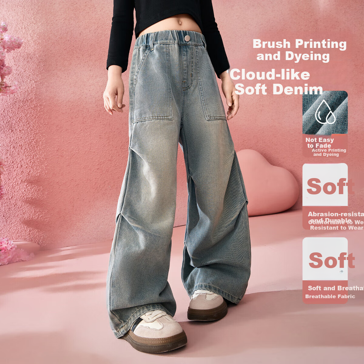 ASK JUNIOR [Brush-Dyed Jeans] Children's Pants, Fall 2026 Vintage Straight-Leg Trousers, Girls' Draping Long Pants, Youth Style