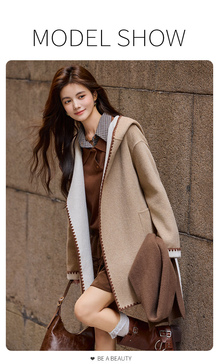 Bailuyu Hooded Wool Blend Double-Faced Woolen Coat 25 Winter New Elegant Fashion Mid-Length Women's Oatmeal XL 3