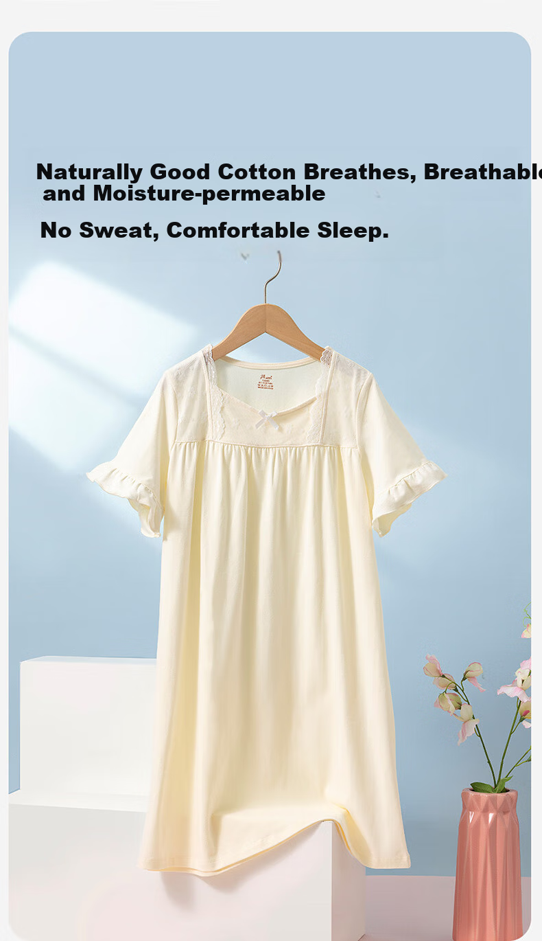 Dingguagua Girls' Nightgown, Summer Princess Style, Class A Pure Cotton Long Dress, Children's Pajamas, Loungewear, Parent-Child Dress, Light Pink, Size 130 5