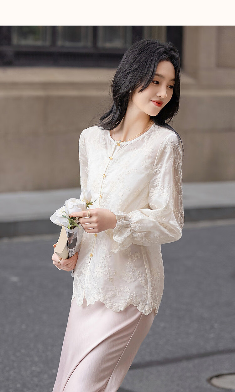 Demana Light Breath Lyocell Spring Autumn Hollow Lace Embroidered Bell Sleeve Shirt Petite Women's Top 8