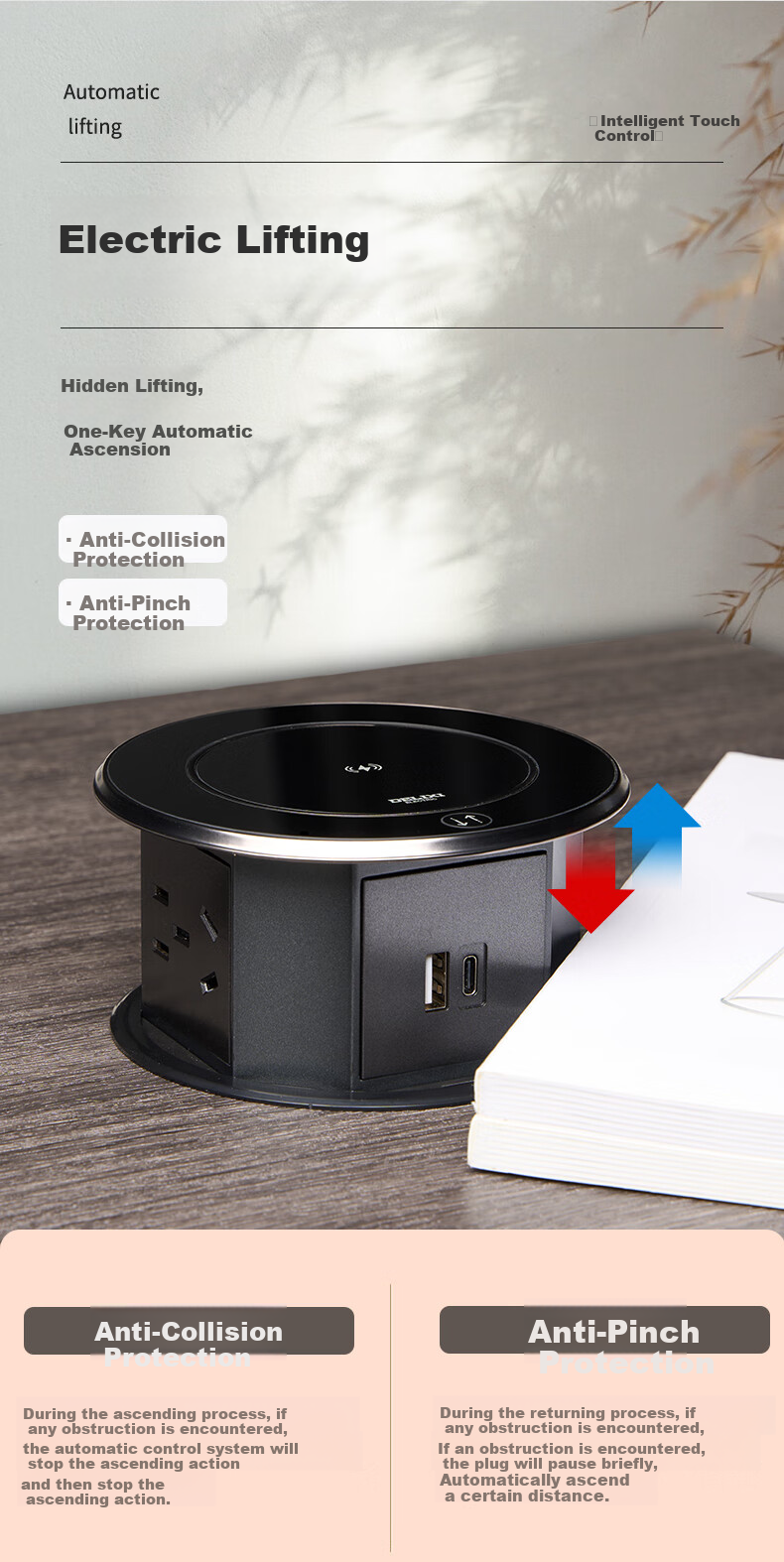 DELIXI Recessed Power Socket, Smart Electric Lift, Suitable for Kitchen Countertops And Conference Rooms, 4 Outlets with Five Holes, No Switch 7