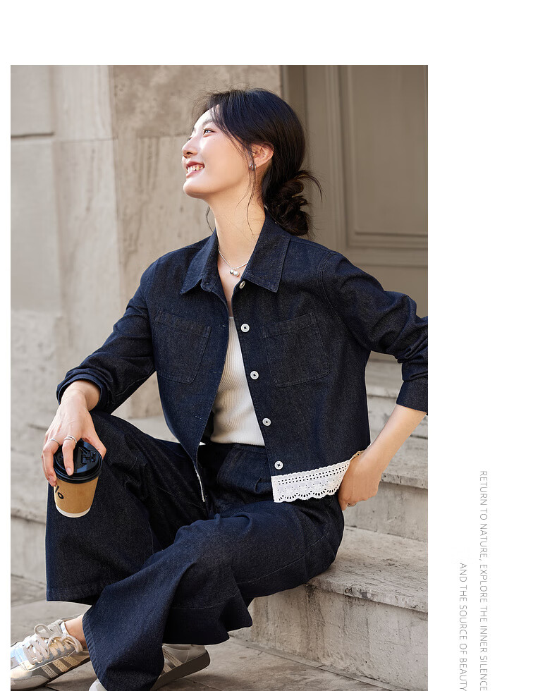Fanshi Man Lace Trim Denim Set Women Autumn New Lapel Jacket and Pants Two-Piece Set Denim Blue XL 9