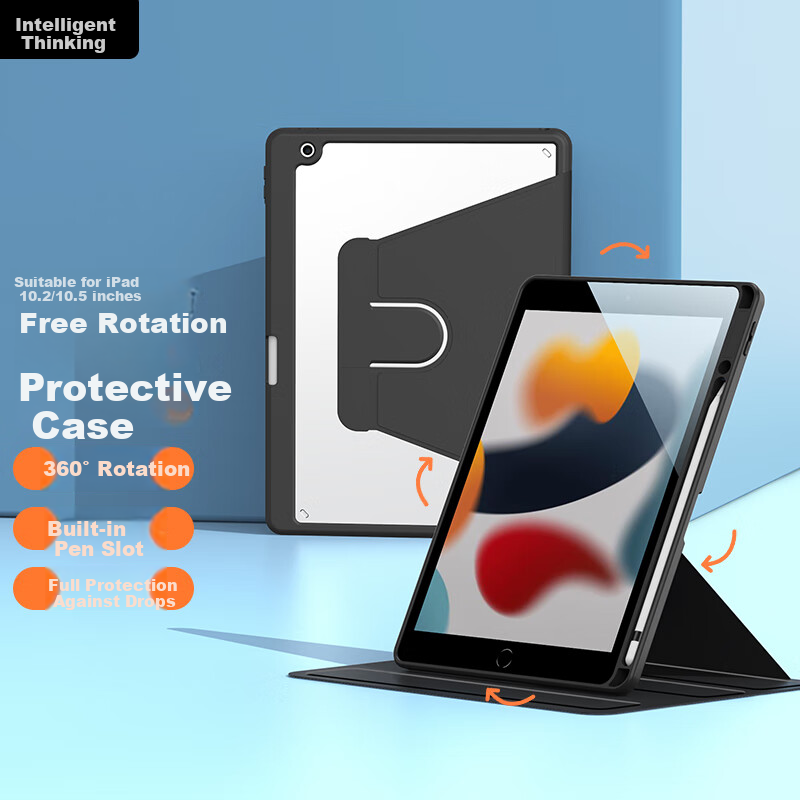 Zhisihui Compatible with Apple IPad 7th/8th/9th Generation Protective Case, Rotating Stand for Apple Air 3, Transparent Silicone Shockproof Cover for 10.2/10.5 Inch, Black